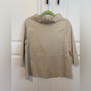 COS tan boxy wide neck 3/4 sleeve back button blouse